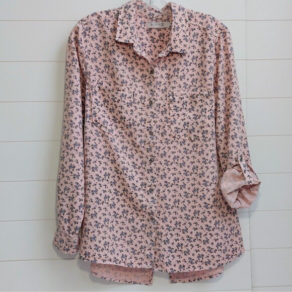 Billy T Floral Tencel Roll-Up Sleeves Shirt Women's Medium Split Back Cottage - Picture 2 of 8